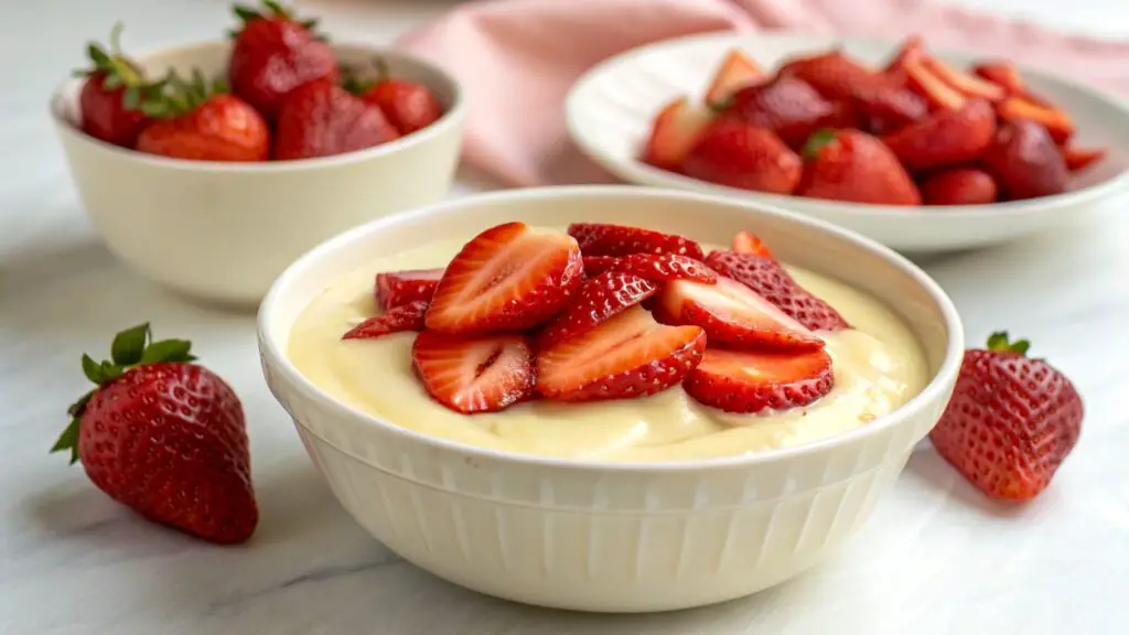 A bowl of creamy Keto Fruit Custard topped with fresh strawberries.